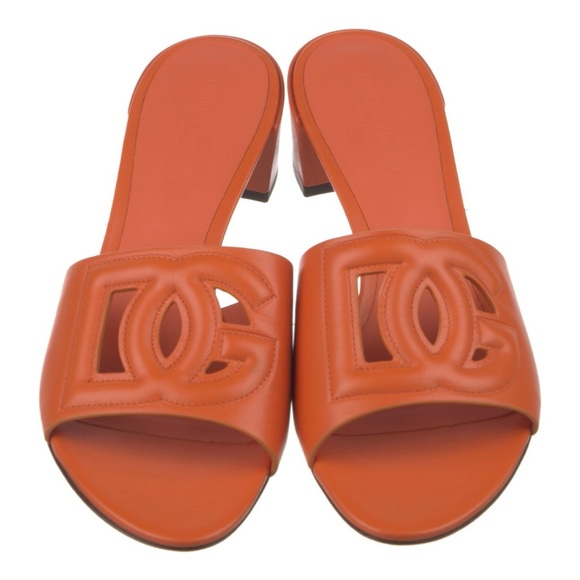 Dolce & Gabbana DG Millennials Logo Orange Leather Slide Heel Sandals - Picture 1 of 5